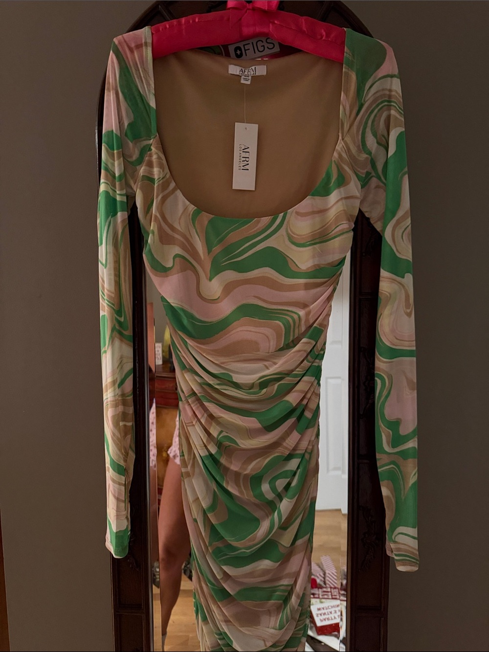 AFRM Green and Cream Swirl Long Sleeve Ruched Midi Dress